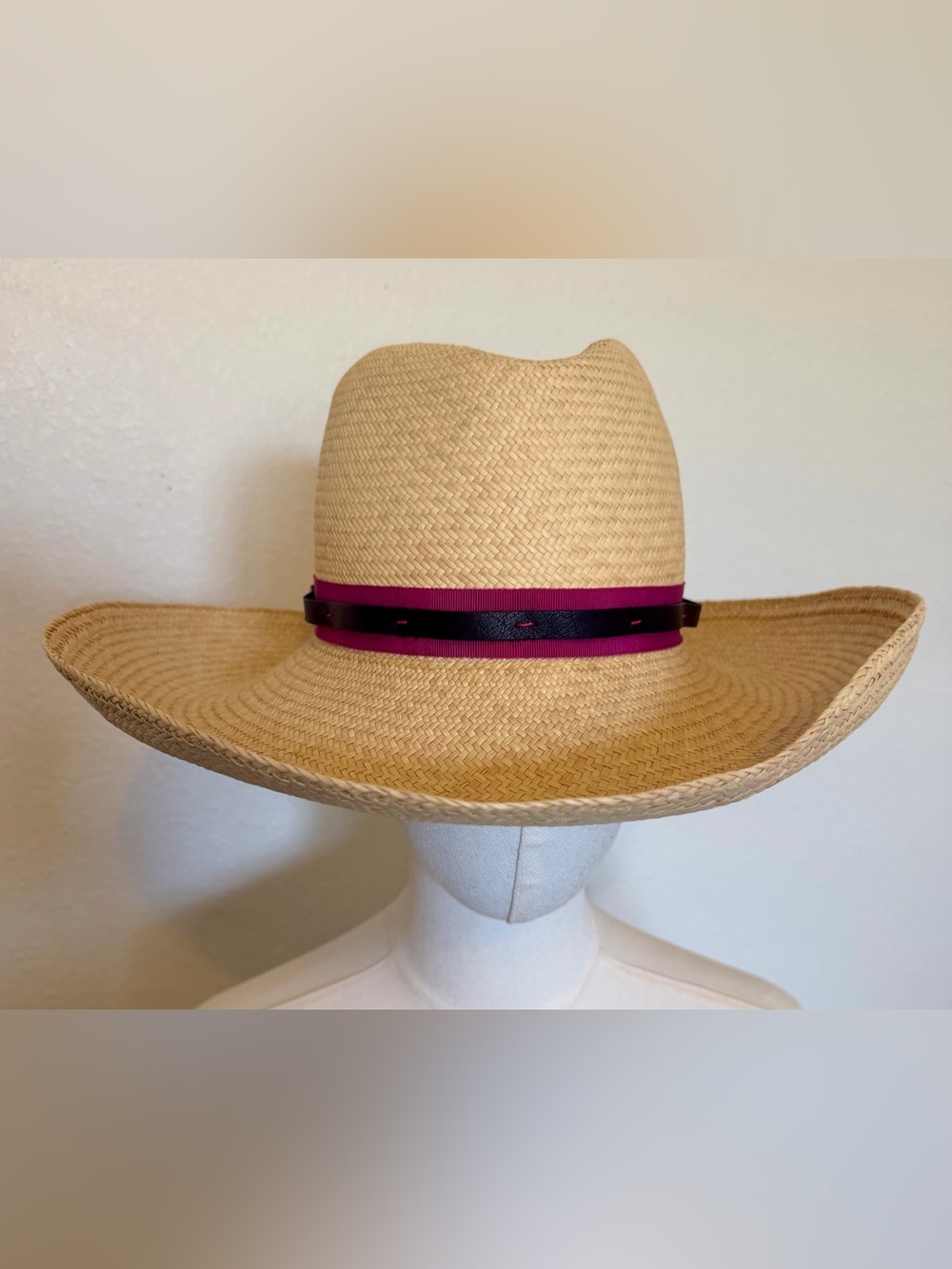 Susan Carrolan -Straw Fedora Hat with Magenta and Black Leather Band